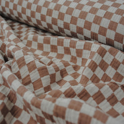 Double cotton gauze - Ecru and taupe checkerboard - Calissone
