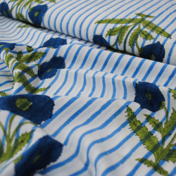 Tissu indienne fleurs et rayures - Bleu - Calissone