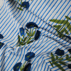 Tissu indienne fleurs et rayures - Bleu - Calissone
