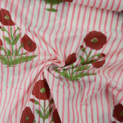 Tissu indienne fleurs et rayures - Rose Rouge - Calissone