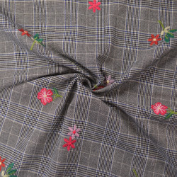 Coton brodé floral sur carreaux prince de galles - Calissone