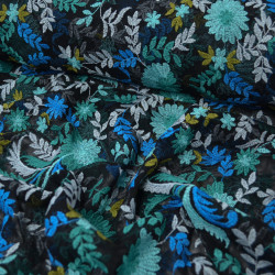 Broderie florale sur tulle - Vert et bleu - Calissone