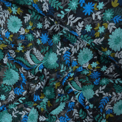 Broderie florale sur tulle - Vert et bleu - Calissone