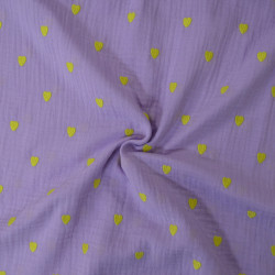 Double gaze de coton brodée - Coeurs jaune et lavande - Calissone
