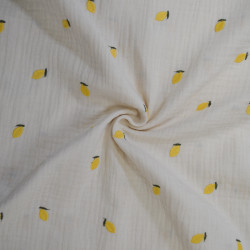 Double gaze de coton brodée - Citrons jaunes - Calissone