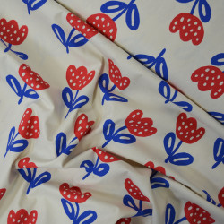 Popeline de coton Maxi flower - Bleu et rouge - Calissone