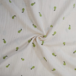 Double gaze de coton brodée - Poires vertes - Calissone
