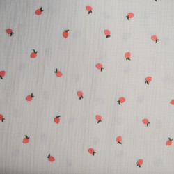 Double gaze de coton brodée - Pommes rouges - Calissone