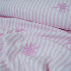 Double gaze de coton rayée avec palmiers brodés - Rose - Calissone