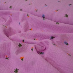 Double gaze de coton brodée - Fleurs et feuillages - Rose - Calissone