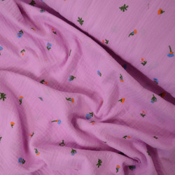 Double embroidered cotton gauze - Flowers and foliage - Pink - Calissone