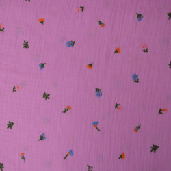 Double embroidered cotton gauze - Flowers and foliage - Pink - Calissone