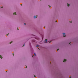 Double embroidered cotton gauze - Flowers and foliage - Pink - Calissone