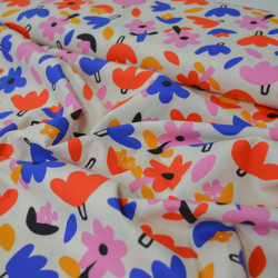 Popeline de coton fleurs - Ecru et bleu - Jennifer Bouron - Calissone