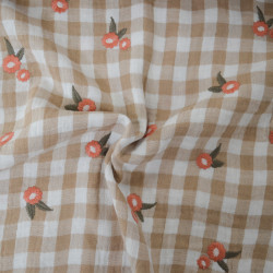 Double sand gingham cotton gauze - Embroidered pink flowers - Calissone