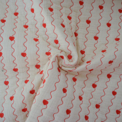Double gaze de coton matelassé coton - Coeur et vagues rouges - Calissone