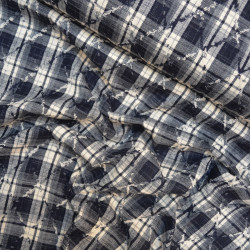 Woven and embroidered tartan - Navy blue and ecru - Calissone